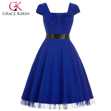 Grace Karin Stock Square Neck High Stretchy Blue Cap Ärmel Retro Vintage Kleid CL008951-3